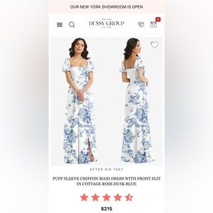 Puff Sleeve Chiffon Maxi Dress w/ front slit in Cottage Rose Dusk Blue